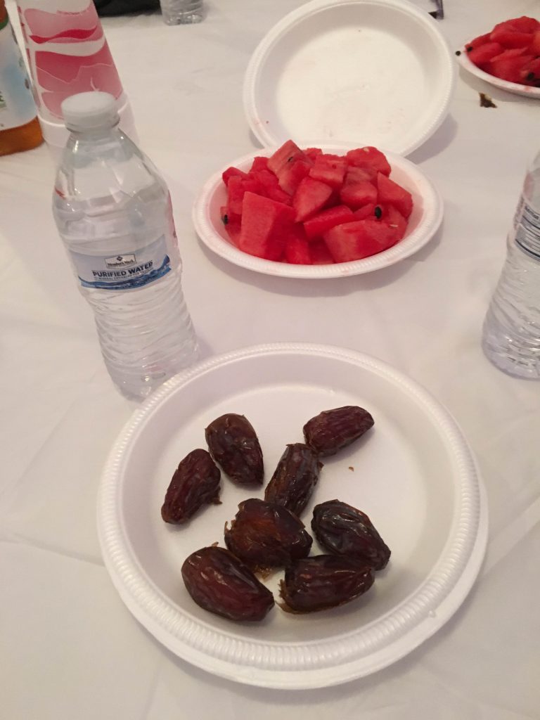 The fast is traditionally broken with water and dates. The mosque provided fruit and juice as well.